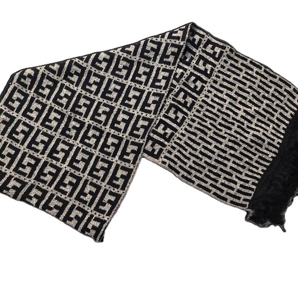 Fendi Accessories - Vintage FENDI Black & Silver Monogram & Geometric Print Scarf with Black Fringes
